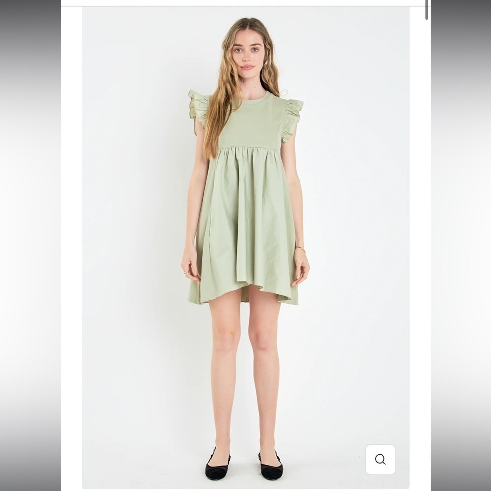 English‎ Factory Mini Dress Womens Green Mixed Media Short Sleeve Ruffled SMALL